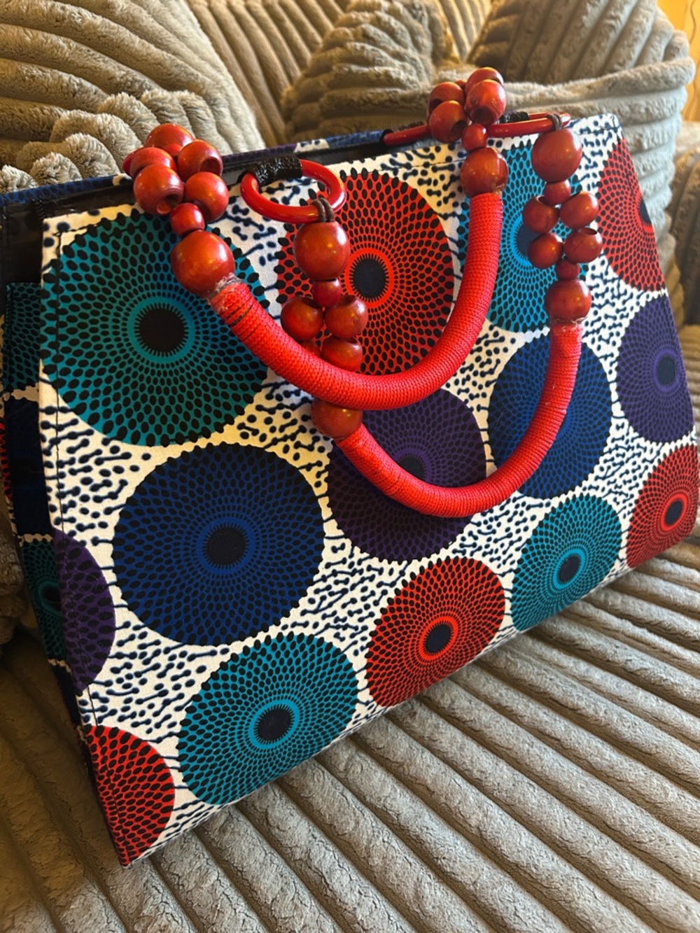 Ankara African Mod Handmade Print Tote with Artisanal Red Wood Beaded Handles